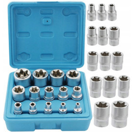 Torxhylsor TORX-E, sats 14st E4-E24, 1/2, 3/8, 1/4” hylsor TORX invändiga, Vatfal