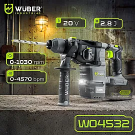 SDS-plus Rotary Hammer 20 V 2.8 J, Solo without Battery and Charger, Wuber Tools