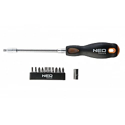 Böjbar skruvmejsel med 10 bits, platta, stjärn, TORX, PZ, magnetiska bits, ergonomiskt grepp, CrMo, NEO Tools