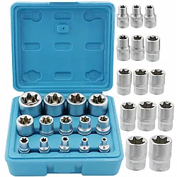 Torxhylsor TORX-E, sats 14st E4-E24, 1/2, 3/8, 1/4” hylsor TORX invändiga, Vatfal