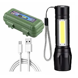 Ficklampa LED XPE+COB 200 LM, USB batteri, zoom, mycket liten, dubbla LED, Tactical Light