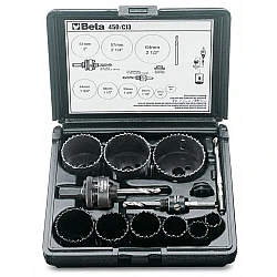 Hole Saw set 13 Pieces HSS Bi-Metal 19-64 mm, Center Drill Adapter Plastic Box, BETA Tools