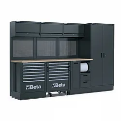 Garageinredning RSC502.0, 2, 24 m Träbänk, 7+7 Lådor, Perforerade Paneler, Rostfri