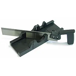 300 mm Mitre Box with Saw. för Cutting 90 and 45. Max. Width of Cutting Panels Up To 65 mm. Supplied with Tenon Saw 300 mm with Plastic Black Handle. Mitre Box Made of Black Plastic.