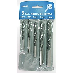 5Pcs Wood Drill set. Contents: 4.5.6.8 .10 mm. Blackened and Polished. in Plastic Blue Wallet with Yellow Header.