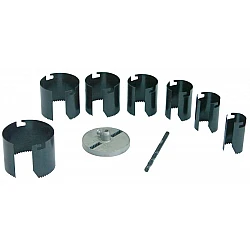 Hole Saw 25 mm Height, set of 7Pcs 26-63 mm, with Locating Plate and Leading Drill 6 mm (Blackened) Saw Blackened Blister Card