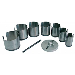 Wolfram Hole Saw 7Pc set 26-63 mm (26, 32, 38 , 45, 50, 56, 63), Height 25 mm. Polished Saws with Hardened Teeth. Locating Plate and Leading Drill 6 mm (Blackened). Blister Card.