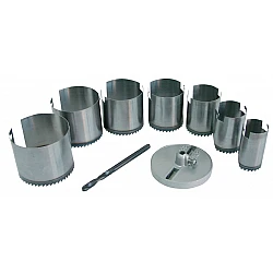 Wolfram Hole Saw 7Pc set 26-63 mm (26, 32, 38 , 45, 50, 56, 63), Height 50 mm. Polished Saws with Hardened Teeth. Locating Plate and Leading Drill 6 mm (Blackened). Blister Card.