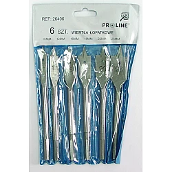 6Pcs Flat Wood Drill set. Contents: 10, 2, 16, 18 , 20, 25 mm. Light Finish. Packed in Plastic Blue Wallet with Plastic Yellow Header.