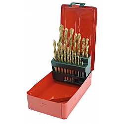 19Pc HSS Twist Drill set ( 1-10 mm By 0, 5 mm) Titanium Coated Metal Box Painted Gray.