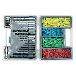 300Pcs Wall Plug and Drill set. Drills for Metal: 2.3.4.5.6.8 .10 mm, Drills for Wood: 4.5.6.8 .10 mm, Masonry Drills: 4.5.6.8 .10 mm, Bits PH 1 and 2, Pz1 and 2 Flat 5; 6.5 mm , Magnetic Bit Holder and Wall Plugs 5.6.8 .10 mm. Plastic Box.