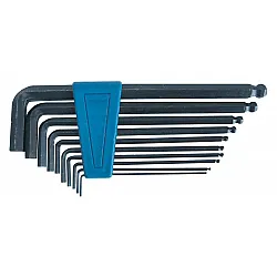 7Pc Ball End Hexagon Key set. Contents: 2.5; 3.0; 4.0; 5.0; 6.0; 8 .0; 10.0 Keys Blackened. Fixed in Blue Plstic Holder. .