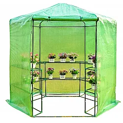 Plastväxthus med hyllor, snygg rund kompaktmodell (sexkantig) diam. 193 cm, höjd 225 cm grön transparent (odlingstält, växthustält)