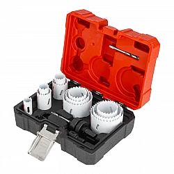 Bi-Metal Hole Saw set 11 Pieces 19-68 mm, HSS M42 with 8% Cobalt, 38 mm Drilling Depth, 4/6 TPI, Adapters, Pilot Bit, Plastic Case, Proline