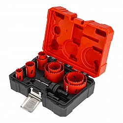 Bi-Metal Hole Saw set 8 Pieces 22-68 mm, HSS M3 Teeth, 2 Adapters, Pilot Bit, 38 mm Drilling Depth, 4/6 TPI, Alloy Spring Steel, Proline