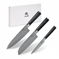 SHIORI 3-Set 撓 Kuri Murō + Santoku + Sifu - set om tre Damaskus stålknivar