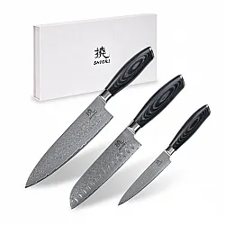 SHIORI 3-Set 撓 Kuro Murō + Santoku + Sifu - set med tre japanska knivar av Damaskusstål