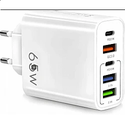 Mobilladdare 65W, 3x USB + 2x USB-C, 230V