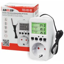 Termostat Frostvakter Digital Plug-in Schuko 230V 16A 3680W Timer -40°C till 120°C TES-GS-DE, Adelid