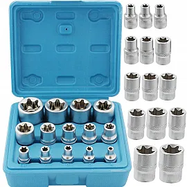 Torxhylsor TORX-E, sats 14st E4-E24, 1/2, 3/8, 1/4” hylsor TORX invändiga, Vatfal