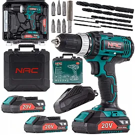 Cordless Drill Driver 20V 35Nm 2 Speeds with 2x2Ah Batteries Charger and Case, NAC