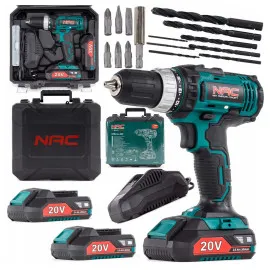 Cordless Drill Driver 20V 35Nm 2 Speeds with 2x2Ah Batteries Charger and Case, NAC