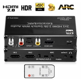 HDMI Switch Audio Extractor SPDIF 4K - 2 x HDMI, ARC, DHCP 2.2, Toslink, Coax, remote