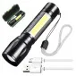 Ficklampa LED XPE+COB 200 LM, USB batteri, zoom, mycket liten, dubbla LED, Tactical Light