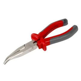 Bent Snipe Nose Pliers 160 mm, Textured Jaws, Drop Forged, Hardened, Side Cutting Edges, Satin Finish, Heavy Duty, Grey Plastic and Dark Blue Rubber Grip, Proline
