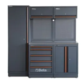 Kompakt verkstadsmodul C45PRO 2.0, Arbetsskiva 1360 x 615 mm, 5-lådor, 2 väggskåp, 1 tvådörrarskåp, 1 enkeldörrarskåp, 2 perforerade verktygspaneler, 2 breda väggfästen, 1 smalt väggfäste, Rostfri, BETA