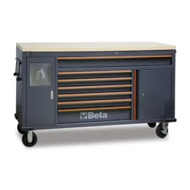 Workshop Cart with 7 Drawers, Waste Bin, and Wooden Workbench, BETA Tools