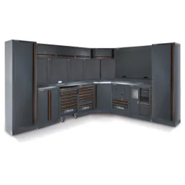 C45PRO 2.0 komplett möbelset med arbetsytor 2040 x 615 mm och 1360 x 615 mm, rostfri MDF, 7-lådor verktygsvagn, 3 väggskåp, 2 perforerade paneler, BETA
