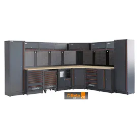 Verkstadsinredning C45PRO 2.0 DX med hörnmodul, träarbetsbänk 2040 x 615 mm och 1360 x 615 mm, 5 och 7 lådor, mobil verktygsvagn, väggmonterade skåp, BETA