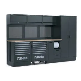 Garageinredning RSC502.0, 2, 24 m Träbänk, 7+7 Lådor, Perforerade Paneler, Rostfri