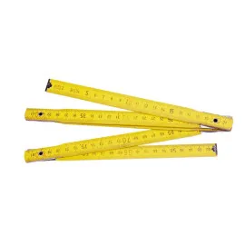 Tummstock av trä, extra hållbar, 1m, 5 delad, ljus gul, tumm och mm, svart skala, röda markeringar var 10 cm, metallkant