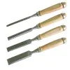 Wooden Chisels with Level Edges. Wooden Handles with Metal Chrome Plated Rings. Blades Hardened and Polished with Plastic Protection. Contents: 6, 12 , 18 , 24 mm.