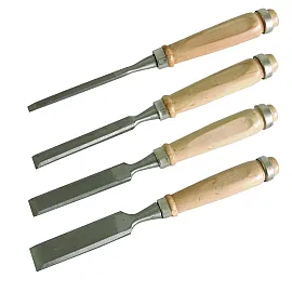 Wooden Chisels with Level Edges. Wooden Handles with Metal Chrome Plated Rings. Blades Hardened and Polished with Plastic Protection. Contents: 6, 12 , 18 , 24 mm.