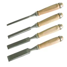 Wooden Chisels with Level Edges. Wooden Handles with Metal Chrome Plated Rings. Blades Hardened and Polished with Plastic Protection. Contents: 6, 12 , 18 , 24 mm.