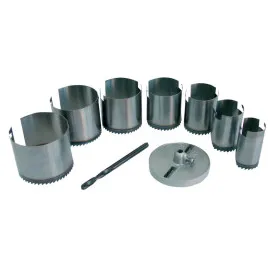 Wolfram Hole Saw 7Pc set 26-63 mm (26, 32, 38 , 45, 50, 56, 63), Height 25 mm. Polished Saws with Hardened Teeth. Locating Plate and Leading Drill 6 mm (Blackened). Blister Card.