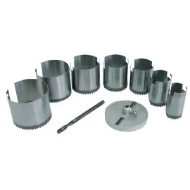 Wolfram Hole Saw 7Pc set 26-63 mm (26, 32, 38 , 45, 50, 56, 63), Height 50 mm. Polished Saws with Hardened Teeth. Locating Plate and Leading Drill 6 mm (Blackened). Blister Card.