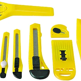 8 pcs Assorted Knive set. All in Yellow Color with Black Ends and Push Lock Buttons.