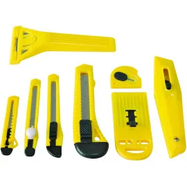 8 pcs Assorted Knive set. All in Yellow Color with Black Ends and Push Lock Buttons.
