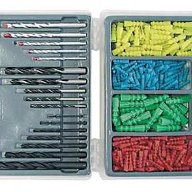 300Pcs Wall Plug and Drill set. Drills for Metal: 2.3.4.5.6.8 .10 mm, Drills for Wood: 4.5.6.8 .10 mm, Masonry Drills: 4.5.6.8 .10 mm, Bits PH 1 and 2, Pz1 and 2 Flat 5; 6.5 mm , Magnetic Bit Holder and Wall Plugs 5.6.8 .10 mm. Plastic Box.