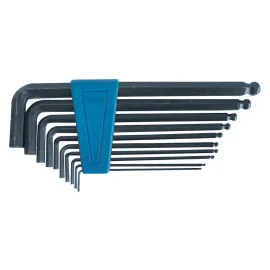7Pc Ball End Hexagon Key set. Contents: 2.5; 3.0; 4.0; 5.0; 6.0; 8 .0; 10.0 Keys Blackened. Fixed in Blue Plstic Holder. .