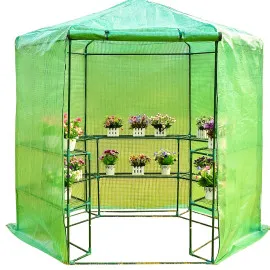 Plastväxthus med hyllor, snygg rund kompaktmodell (sexkantig) diam. 193 cm, höjd 225 cm grön transparent (odlingstält, växthustält)