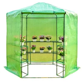 Plastväxthus med hyllor, snygg rund kompaktmodell (sexkantig) diam. 193 cm, höjd 225 cm grön transparent (odlingstält, växthustält)
