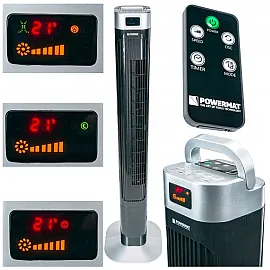 Tornfläkt, pelarfläkt 121 cm, tyst exklusiv stående fläkt, golvfläkt med fjärrkontroll, 90W, svart, Powermat Black Tower (demoex)