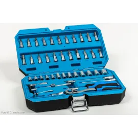 Set of 1/4” sockets, screwdriver bits, and accessories.