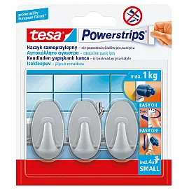 Self-Adhesive Hook Powerstrips Oval, Small 3 pcs + 4 Plastic Strips, Tesa
