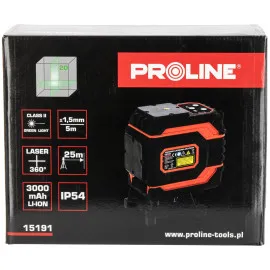 Laservattenpass 360° grönt korslaserkit 2D självinställande, 2 strålar, l=25m, ±1.5 mm/5m, IP54, Li-Ion 3000mAh, 5/8 och 1/4 stativgänga, Proline